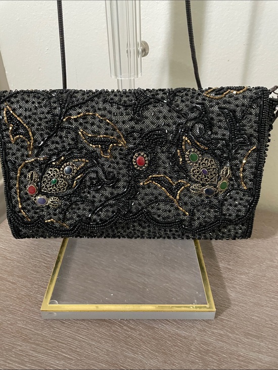 La Regale Handbags - La Regale Black Beaded Crossbody with Multicolor Gem Accents